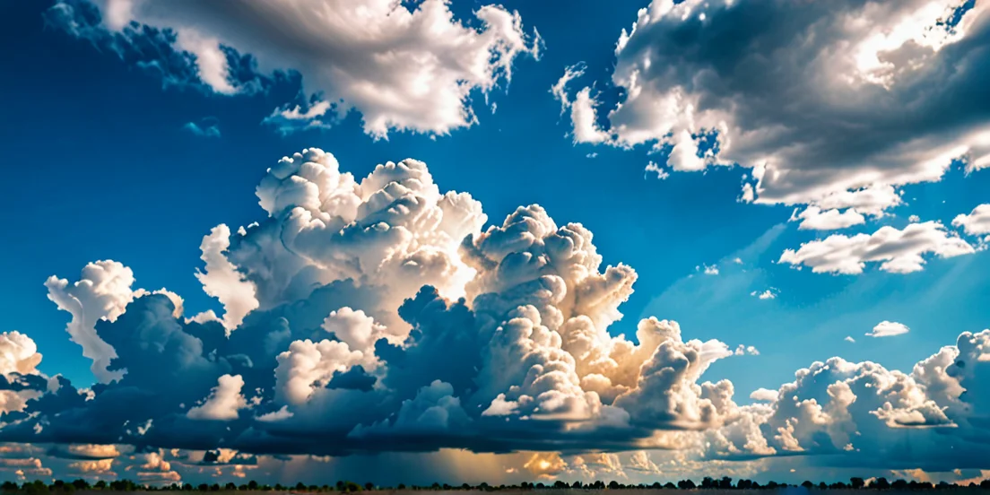 Realistic sky and in gold color and blue tones in the air with puffy clouds